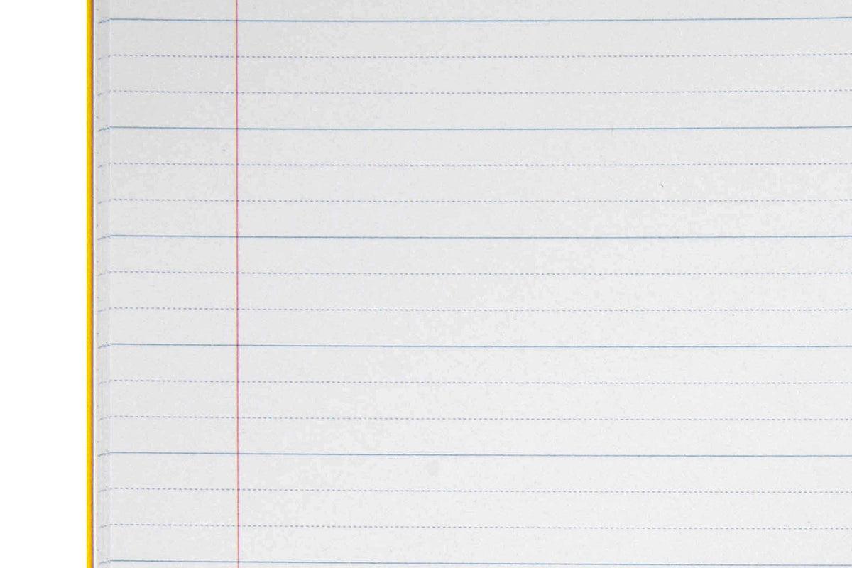 Close-up of the 18mm dotted thirds ruling in the Spirax P116 exercise book, solid blue lines with two dotted guide lines in each space, a red margin and the yellow cover edge