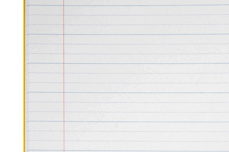 Close-up of the 18mm dotted thirds ruling in the Spirax P116 exercise book, solid blue lines with two dotted guide lines in each space, a red margin and the yellow cover edge
