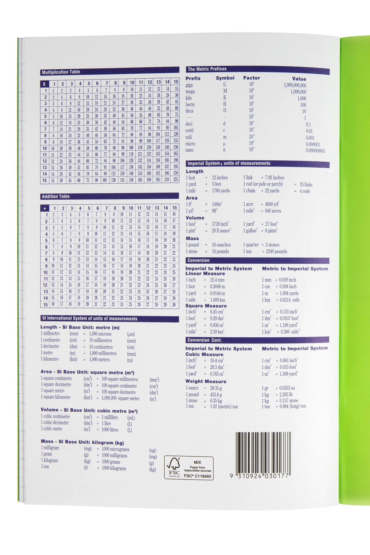 Back of the Spirax P117 exercise book printed with multiplication and addition tables, metric prefixes, measurement conversions and a barcode, green cover edge on the right