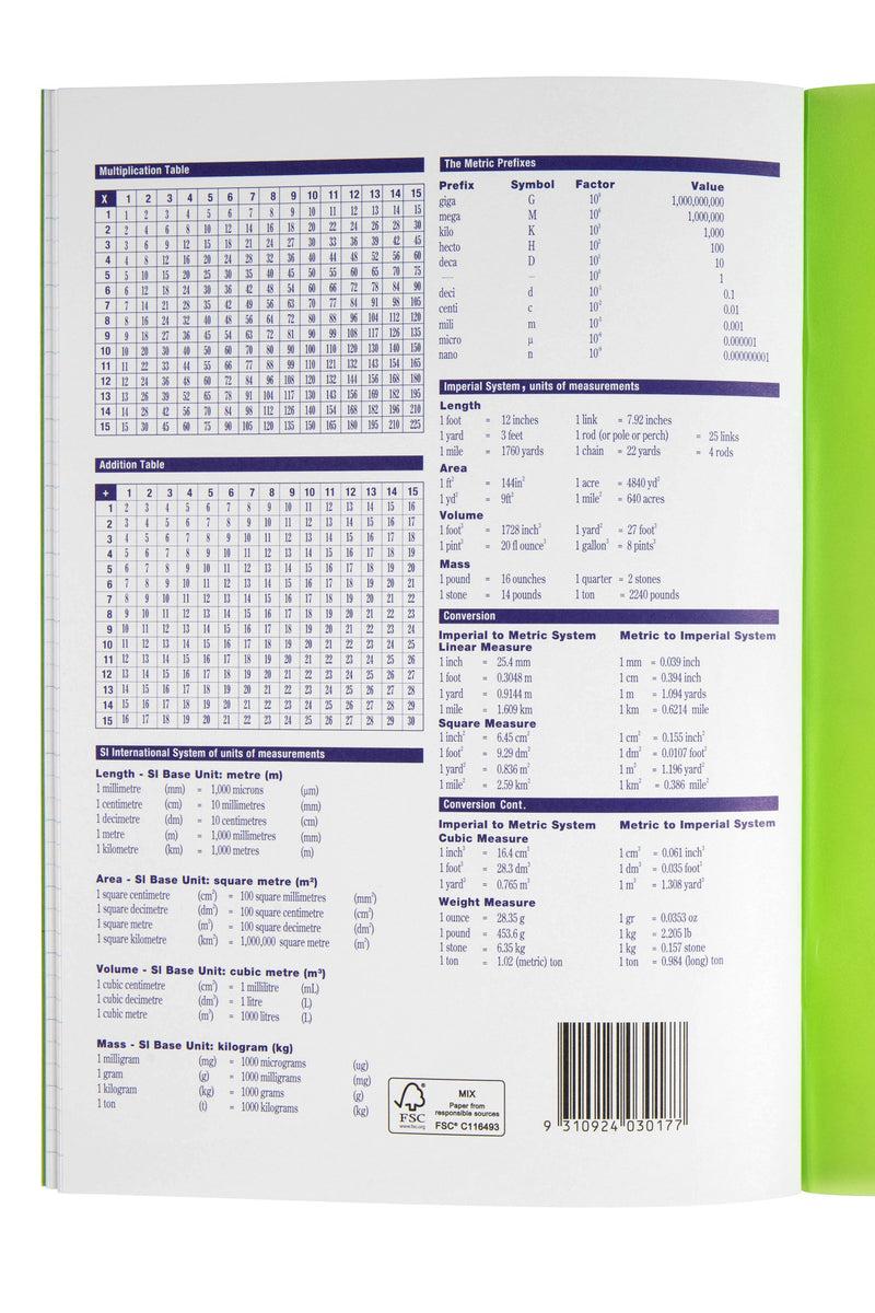 Back of the Spirax P117 exercise book printed with multiplication and addition tables, metric prefixes, measurement conversions and a barcode, green cover edge on the right