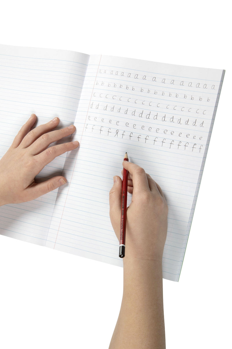 Child practising rows of handwriting letters in pencil on the 18mm dotted thirds lines of an open Spirax P117 A4 exercise book