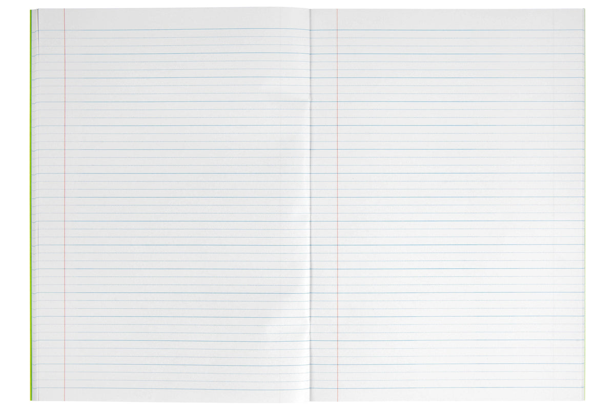 Open Spirax P117 A4 exercise book showing a blank double page of 18mm dotted thirds, solid blue lines with two dotted guide lines between each pair and a red margin on each page