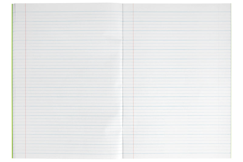 Open Spirax P117 A4 exercise book showing a blank double page of 18mm dotted thirds, solid blue lines with two dotted guide lines between each pair and a red margin on each page