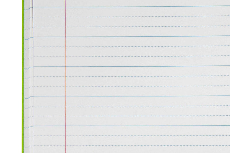 Close-up of the 18mm dotted thirds ruling in the Spirax P117 exercise book, with solid blue lines, two dotted guide lines in each space, a red margin and the green cover edge