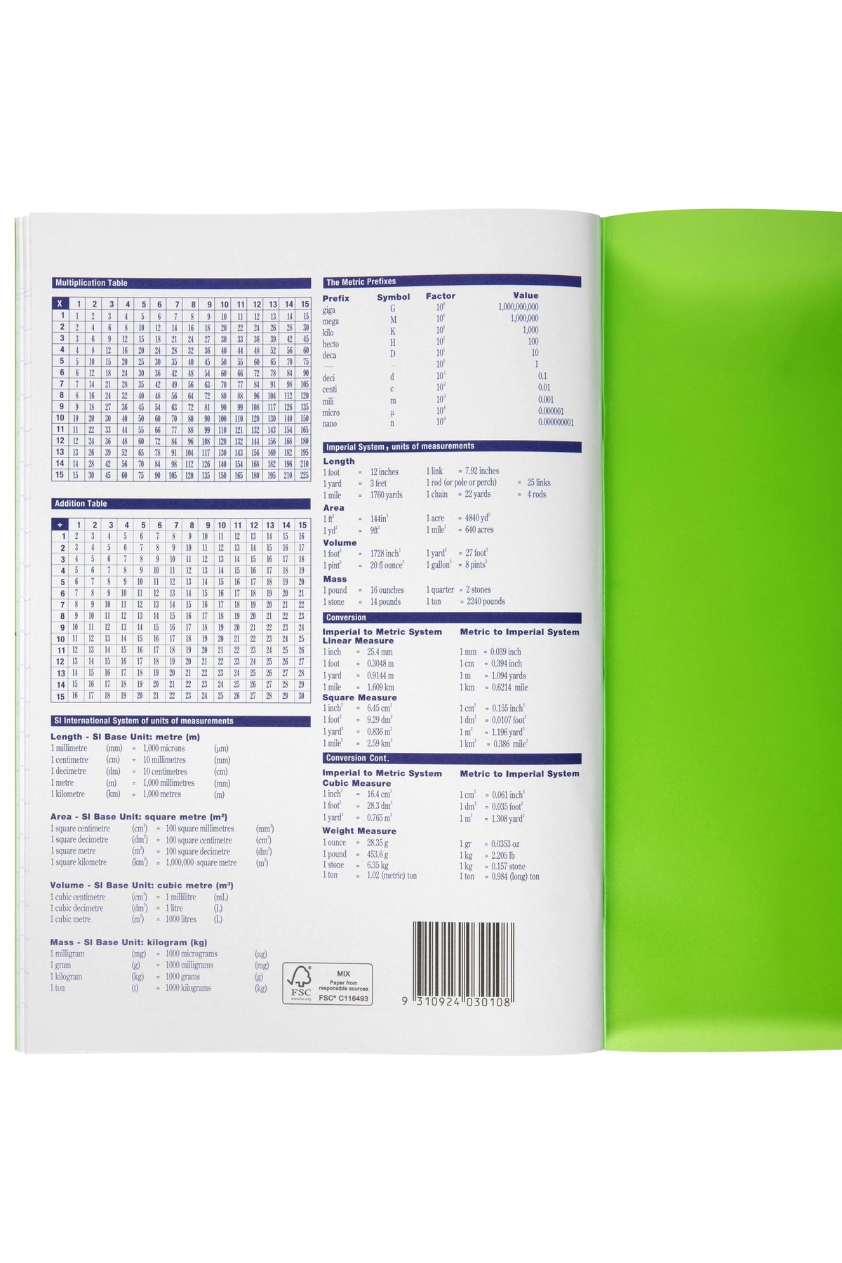 Back of the Spirax P119 exercise book with multiplication and addition tables, metric prefixes, measurement conversions and a barcode, green cover flap on the right