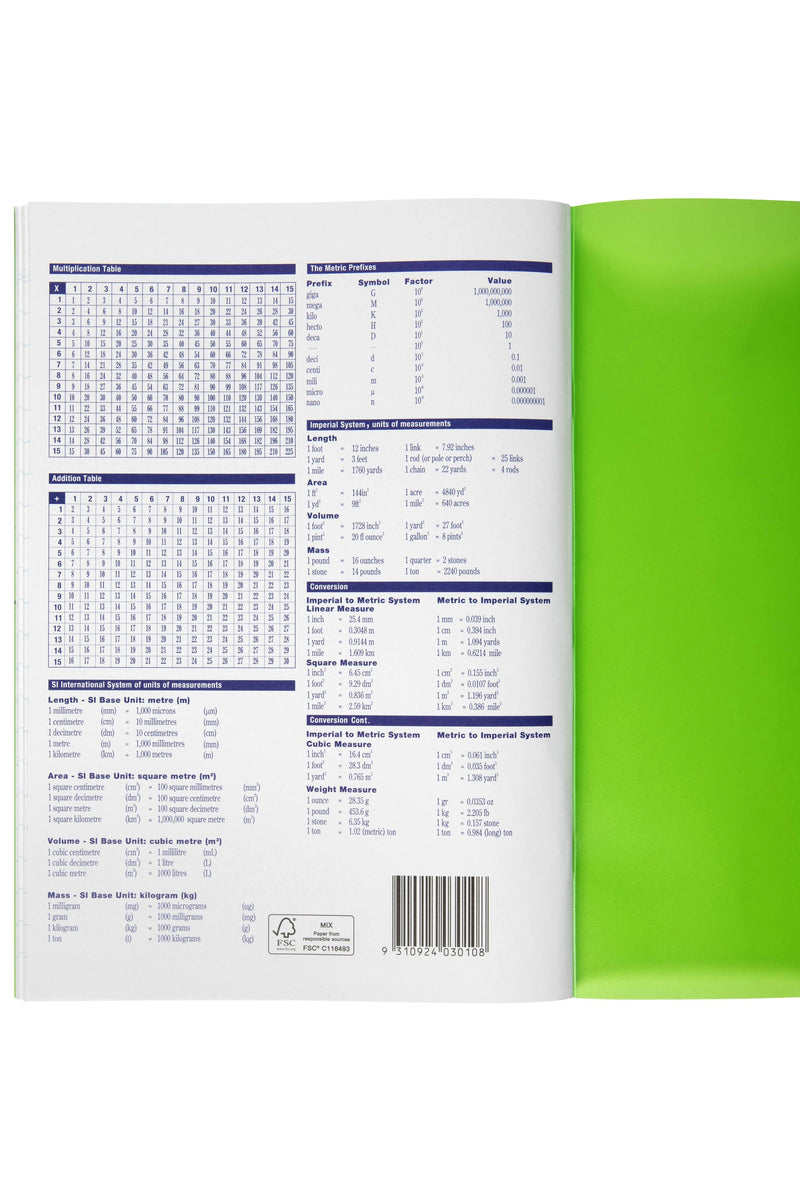 Back of the Spirax P119 exercise book with multiplication and addition tables, metric prefixes, measurement conversions and a barcode, green cover flap on the right