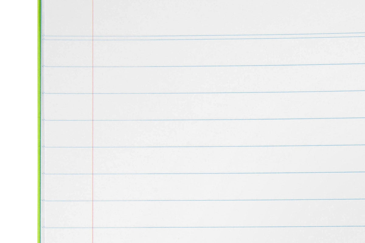 Close-up of the 12mm ruled lines in the Spirax P119 exercise book, plain blue lines with a red margin line beside the green polypropylene cover edge