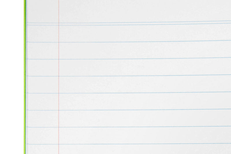 Close-up of the 12mm ruled lines in the Spirax P119 exercise book, plain blue lines with a red margin line beside the green polypropylene cover edge