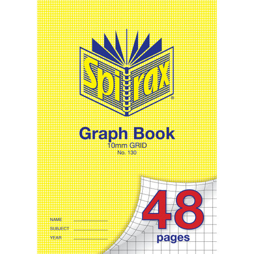 Spirax 130 A4 graph book in the yellow houndstooth cover marked 10mm Grid, with 48 pages on the page curl showing large grid squares