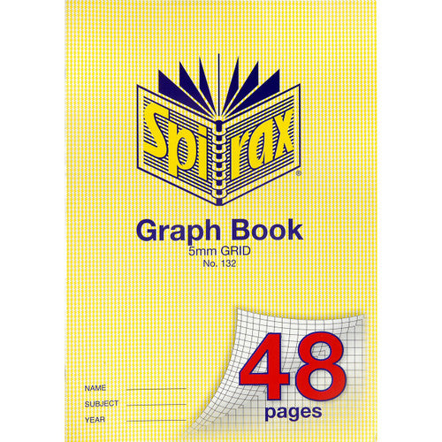 Spirax 132 A4 graph book in the yellow houndstooth cover marked 5mm Grid, with 48 pages on the page curl showing the fine grid inside
