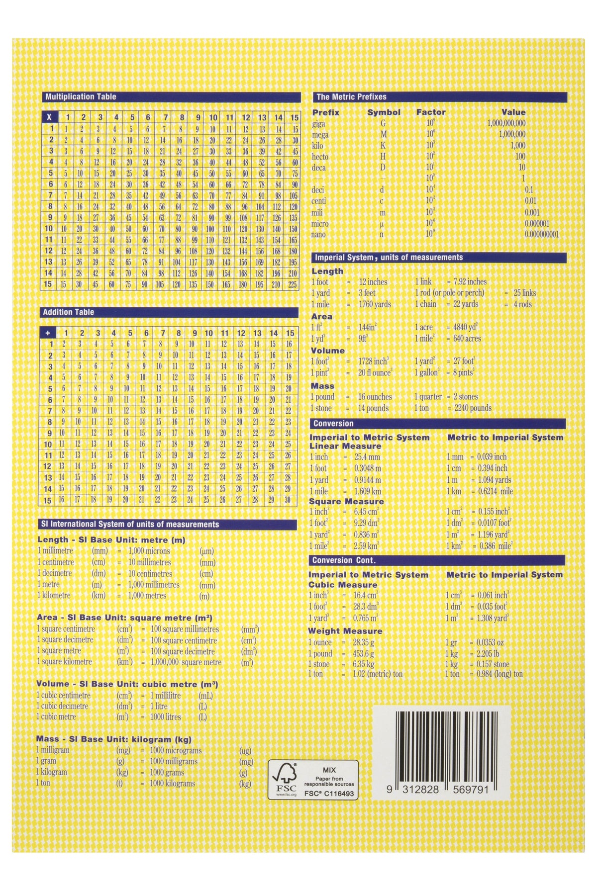 Yellow back cover of the Spirax 132 graph book printed with multiplication and addition tables, metric prefixes, measurement conversions and a barcode