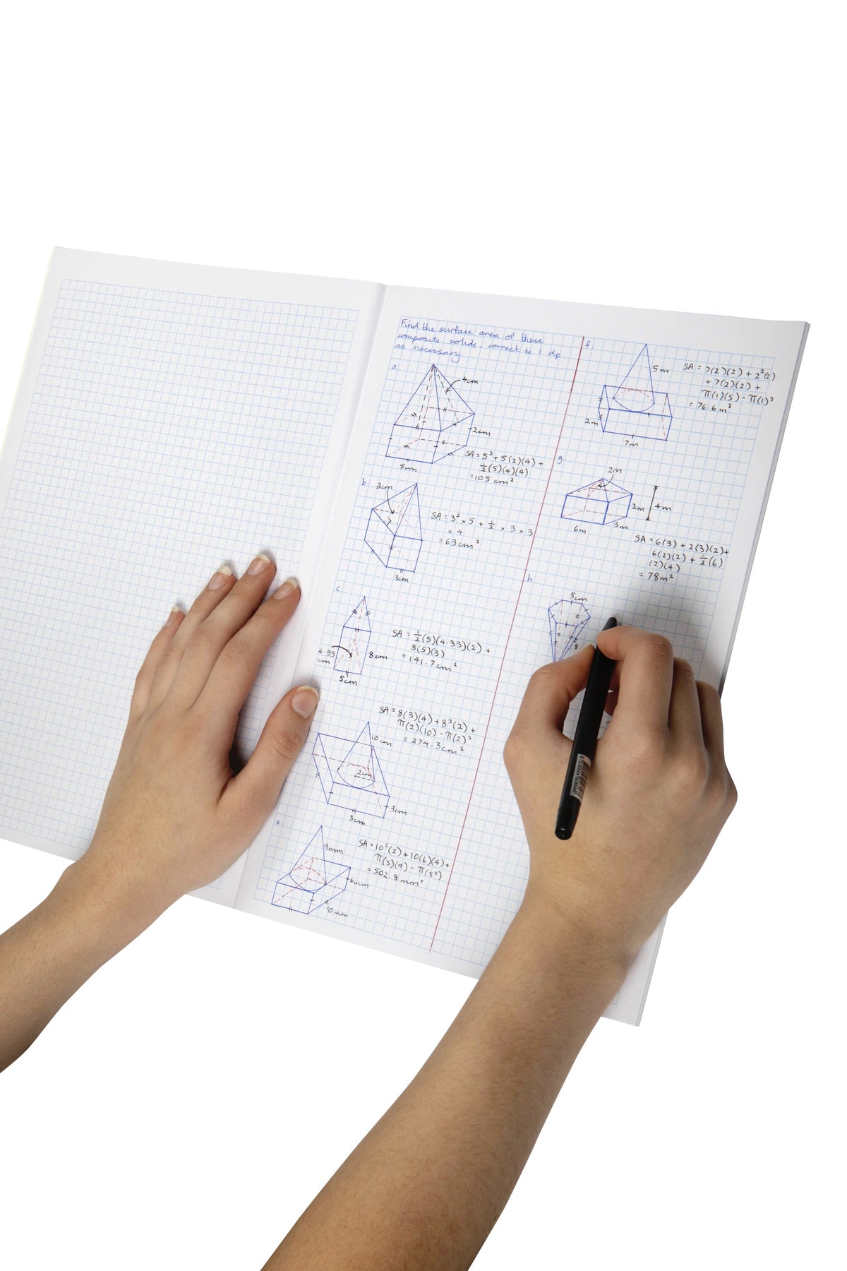 Hands sketching prisms and pyramids with working in pen on the fine grid pages of an open Spirax 132 graph book