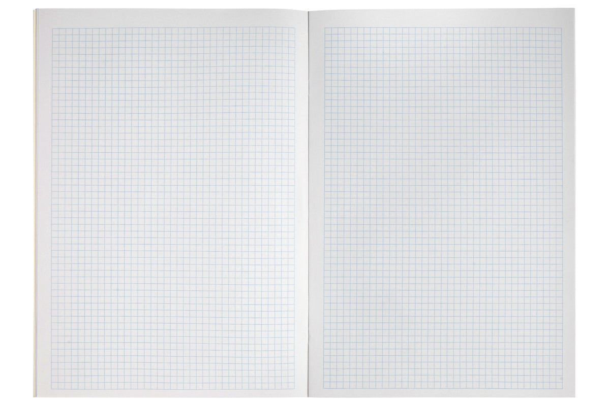 Open Spirax 132 graph book showing a two page spread of fine pale blue 5mm square grid ruling with a narrow white border