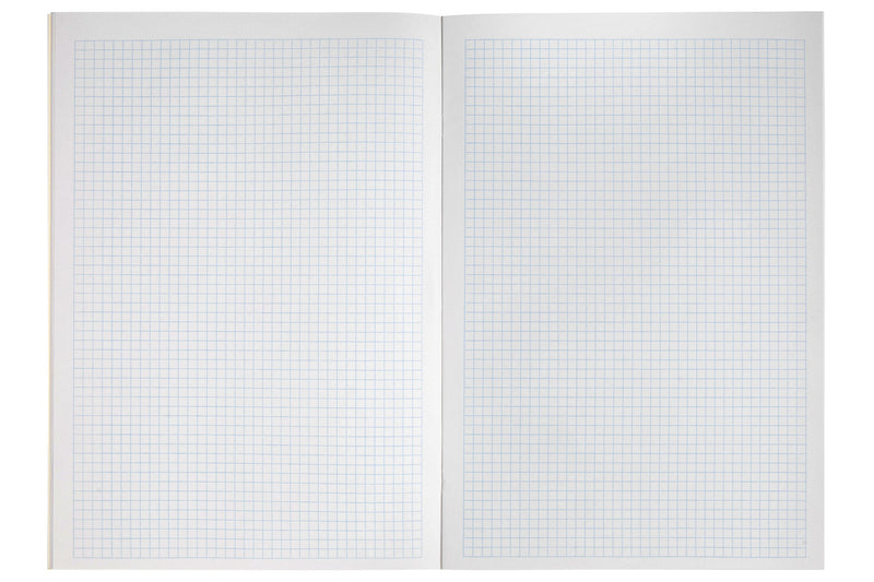 Open Spirax 132 graph book showing a two page spread of fine pale blue 5mm square grid ruling with a narrow white border