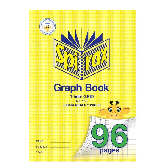 Spirax 138 A4 graph book in the current yellow cover marked 10mm grid and 70gsm quality paper, with a giraffe over the green 96 pages corner
