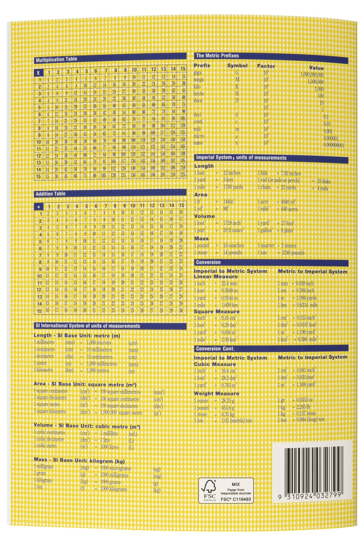 Yellow back cover of the Spirax 138 graph book printed with multiplication and addition tables, metric prefixes, measurement conversions and a barcode