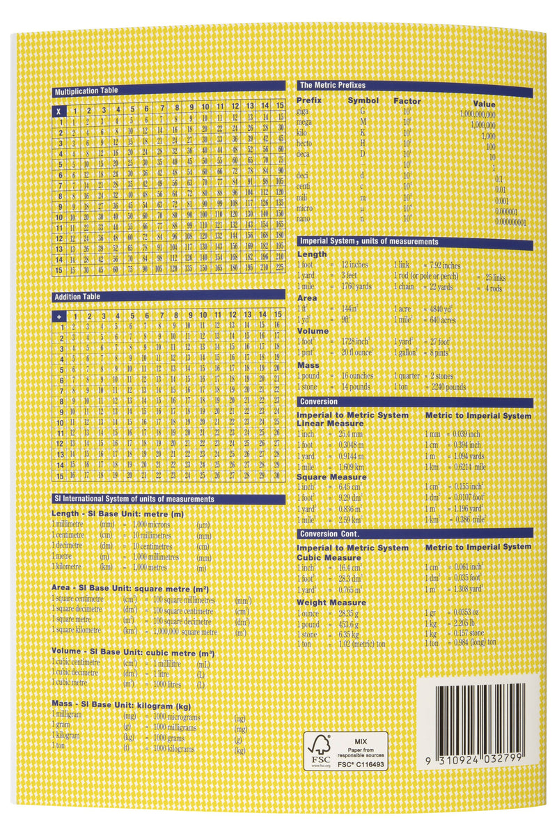 Yellow back cover of the Spirax 138 graph book printed with multiplication and addition tables, metric prefixes, measurement conversions and a barcode