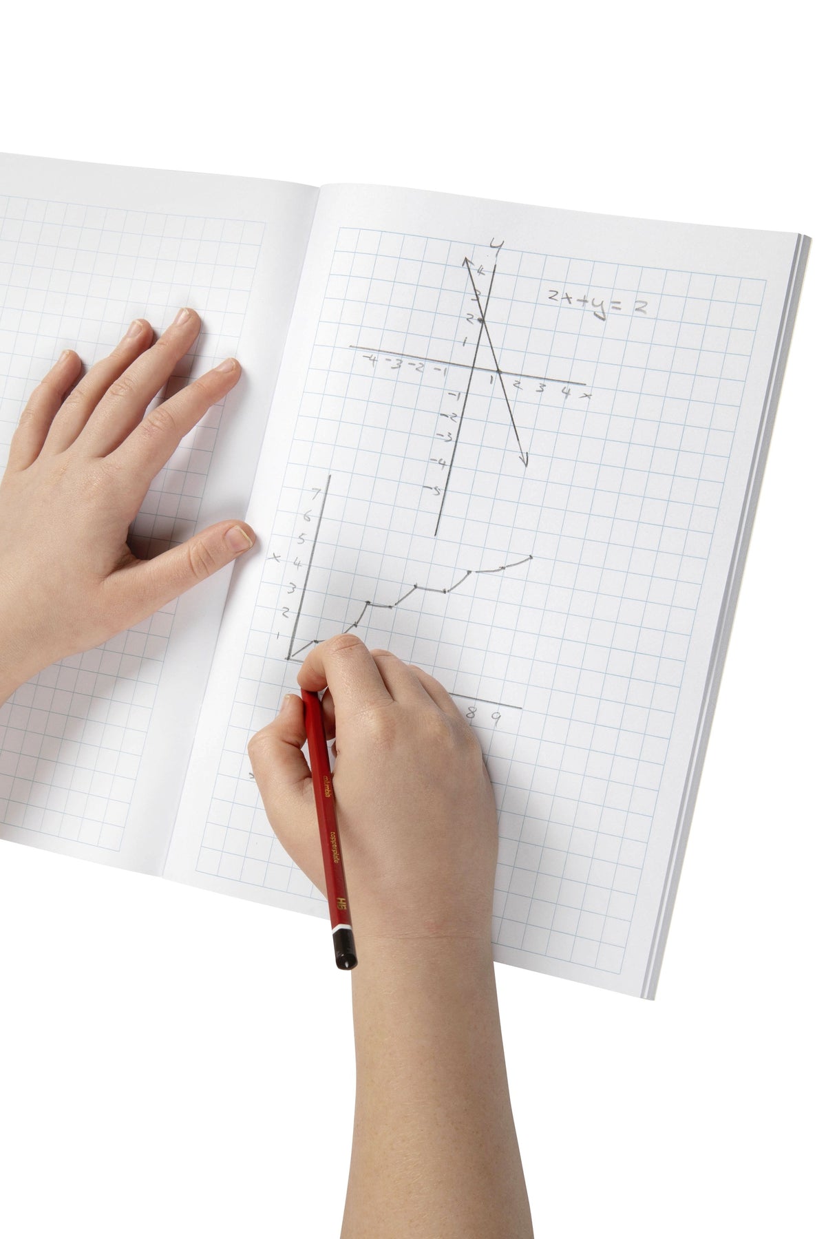 Hand drawing a line graph and a pair of axes in pencil on the large square grid of an open Spirax 138 graph book