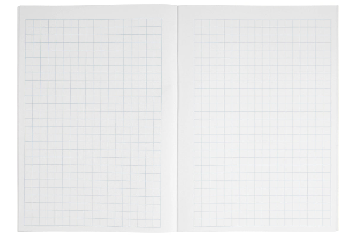 Open Spirax 138 graph book showing a two page spread of pale blue 10mm square grid ruling with a narrow white border