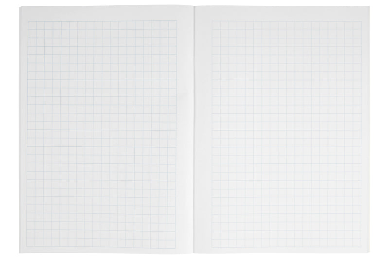 Open Spirax 138 graph book showing a two page spread of pale blue 10mm square grid ruling with a narrow white border