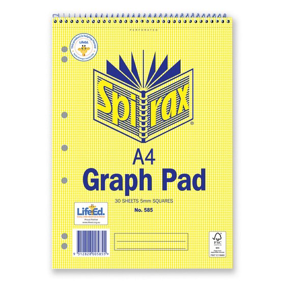 Spirax 585 A4 graph pad in a yellow cover printed 30 sheets 5mm squares and perforated, with a top wire spiral and seven holes on the left edge