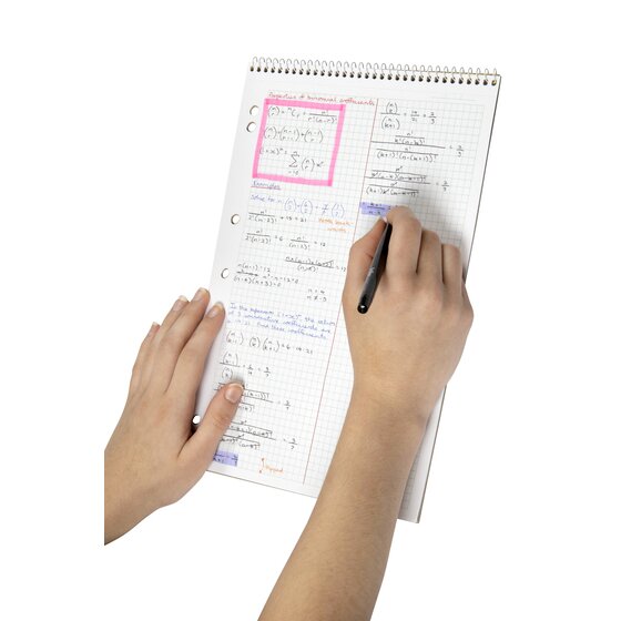 Hand writing maths working in pen on a 5mm grid page of a top spiral Spirax graph pad