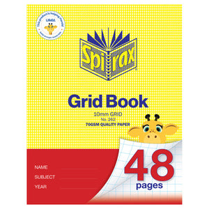 Spirax 262 grid book cover in yellow houndstooth with a red lower band, marked 10mm grid, No. 262 and 48 pages next to a cartoon giraffe