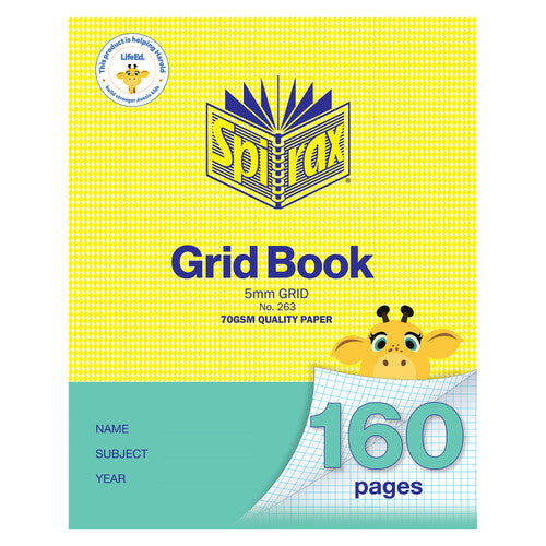 Spirax 263 grid book cover in yellow houndstooth with a teal lower band, marked 5mm grid, No. 263 and 160 pages beside a cartoon giraffe