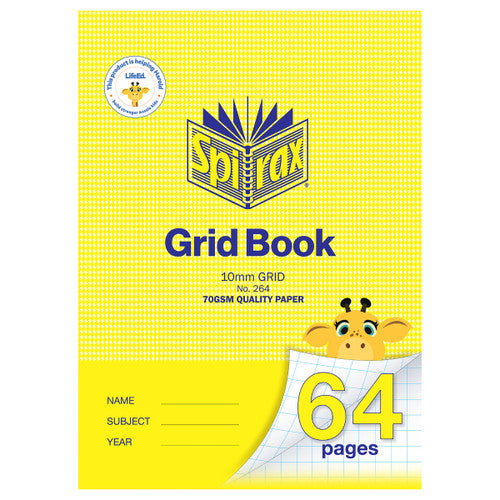 Spirax 264 grid book cover in yellow houndstooth with a solid yellow lower band, marked 10mm grid, No. 264 and 64 pages beside a cartoon giraffe