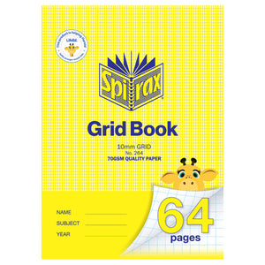 Spirax 264 grid book cover in yellow houndstooth with a solid yellow lower band, marked 10mm grid, No. 264 and 64 pages beside a cartoon giraffe