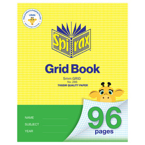 Spirax 266 grid book cover in yellow houndstooth with a green lower band, marked 5mm grid, No. 266 and 96 pages beside a cartoon giraffe