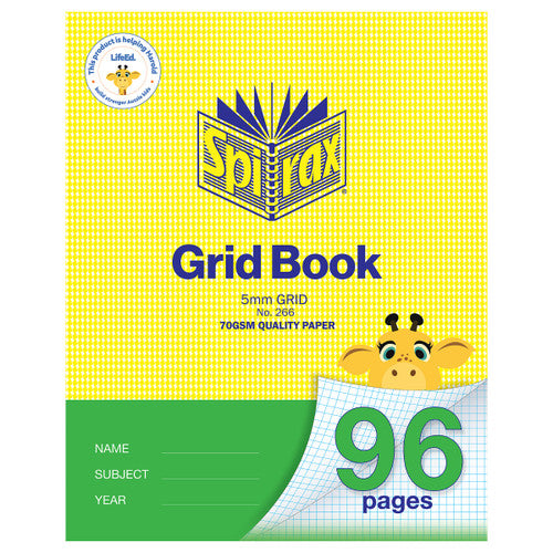 Spirax 266 grid book cover in yellow houndstooth with a green lower band, marked 5mm grid, No. 266 and 96 pages beside a cartoon giraffe