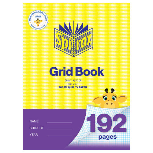 Spirax 267 A4 grid book cover in yellow houndstooth with a purple lower band, marked 5mm grid, No. 267 and 192 pages beside a cartoon giraffe