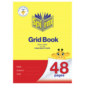 Front cover of the Spirax No. 268 grid book, yellow check pattern above a red name, subject and year panel, printed 10mm grid and 70gsm quality paper, with a giraffe beside the 48 pages corner