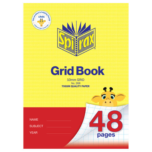 Front cover of the Spirax No. 268 grid book, yellow check pattern above a red name, subject and year panel, printed 10mm grid and 70gsm quality paper, with a giraffe beside the 48 pages corner