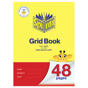 Spirax 269 A4 grid book cover in yellow with a red lower panel, marked 7mm grid and 70gsm quality paper, with a giraffe over a 48 pages grid corner