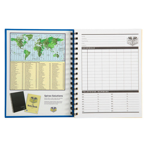 Open Spirax notebook displaying 7mm ruled pages with red margin and perforated edge