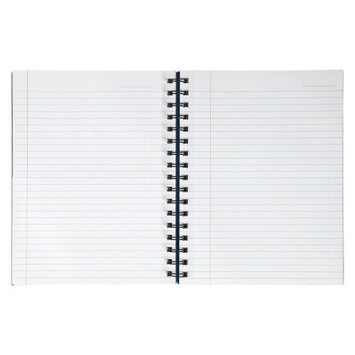 Side profile of Spirax blue hardcover notebook showing twin wire binding detail