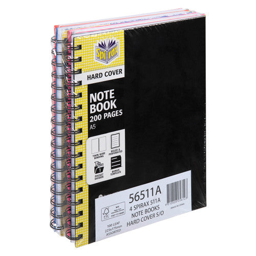 Shrink wrapped Spirax 511A pack of hard cover notebooks with a label for 4 notebooks, 100 leaf, 225 x 175mm, assorted