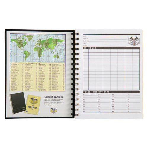 Inside front cover of the black Spirax 511 showing a world time zone map facing a schedule grid and telephone numbers page