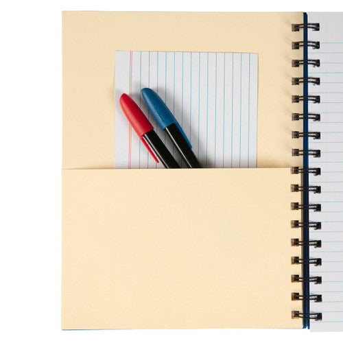 Card pocket inside the back of a blue edged Spirax notebook holding a ruled index card and a red and a blue pen