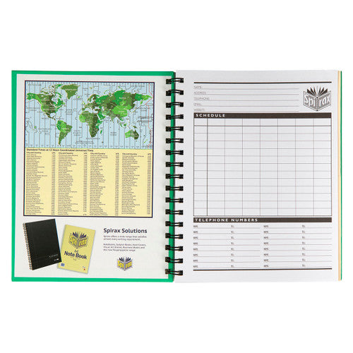 Green Spirax 511 opened to the front pages: a world time zone map on the left and a schedule and telephone numbers page on the right