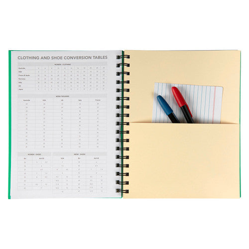 Back pages of the green Spirax 511 with clothing and shoe conversion tables and a buff card pocket holding a ruled card and two pens