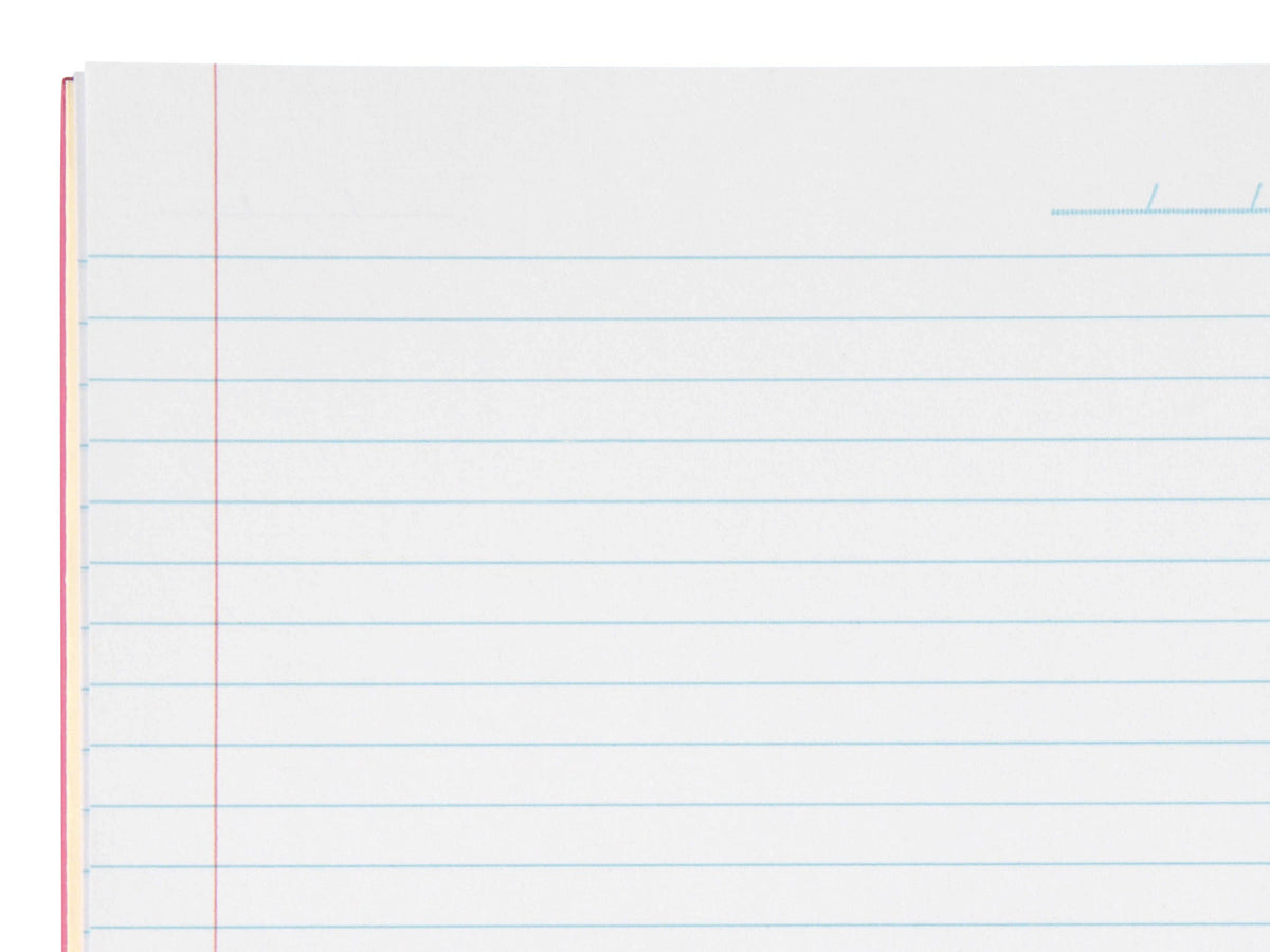 Close-up of the page ruling in a pink Spirax 511 notebook: evenly spaced pale blue ruled lines, a red vertical margin line near the pink cover edge and a short date line at the top right