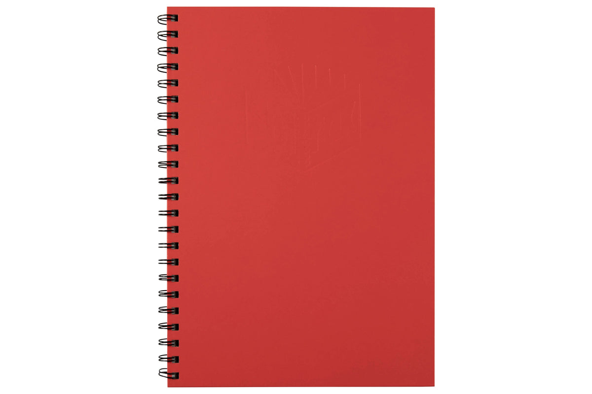 Single Spirax 512 A4 hard cover notebook with a red cover, black twin wire binding down the left side and a faint embossed Spirax logo, one of the assorted cover colours