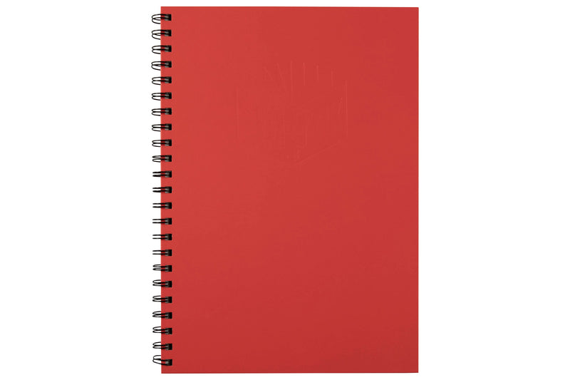 Single Spirax 512 A4 hard cover notebook with a red cover, black twin wire binding down the left side and a faint embossed Spirax logo, one of the assorted cover colours