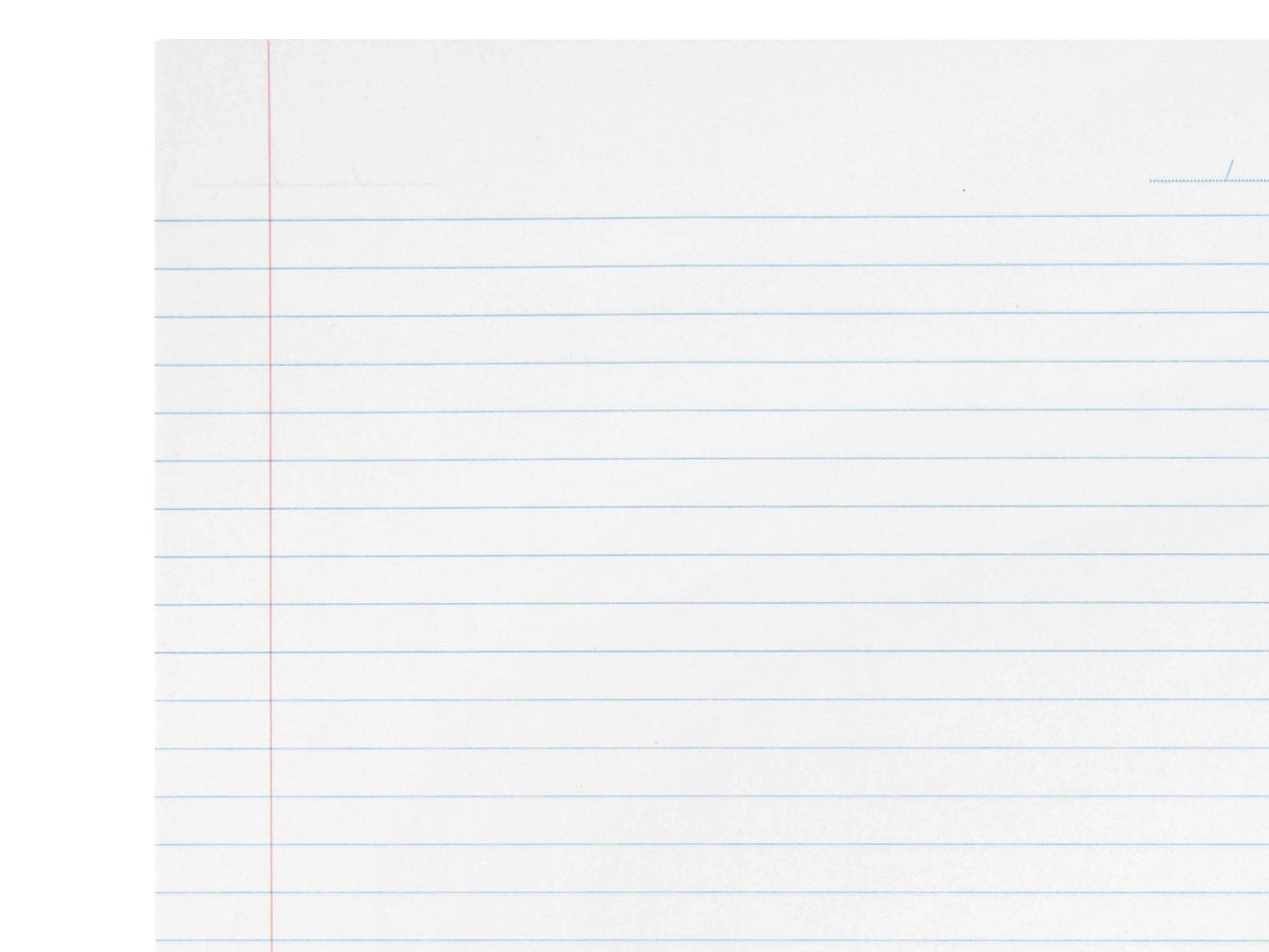 Close-up of a Spirax 512 A4 page showing the pale blue ruled lines, the red margin line down the left and the date line at the top right corner