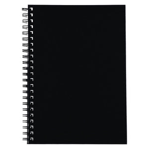 Black Spirax 512 A4 hard cover notebook seen from the front, with twin wire loops threaded through square holes on the left
