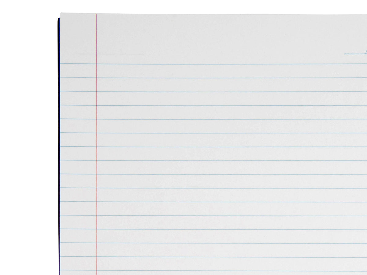 Close-up of a page in the black Spirax 512 A4 notebook with pale blue ruled lines, a red margin line beside the black cover edge and a short date line at the top right