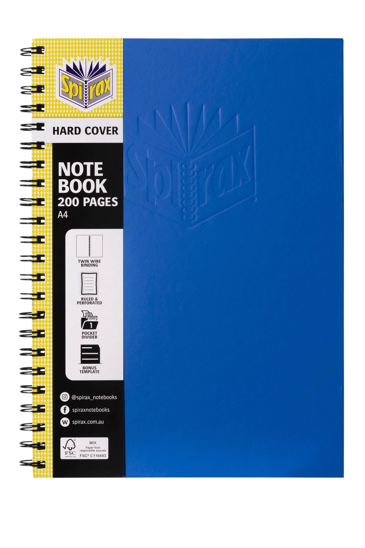 Blue Spirax 512 A4 notebook in its retail sleeve, with a yellow and black band printed Hard Cover Note Book 200 Pages A4 and feature icons down the side